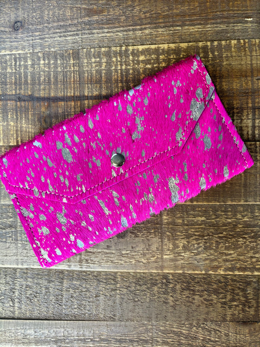 Hot Pink Silver Speckled CowHide & Leather Wallet