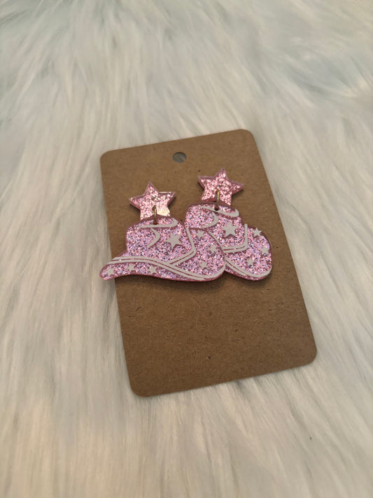 Pink Sparkly Cowboy Hat Earrings