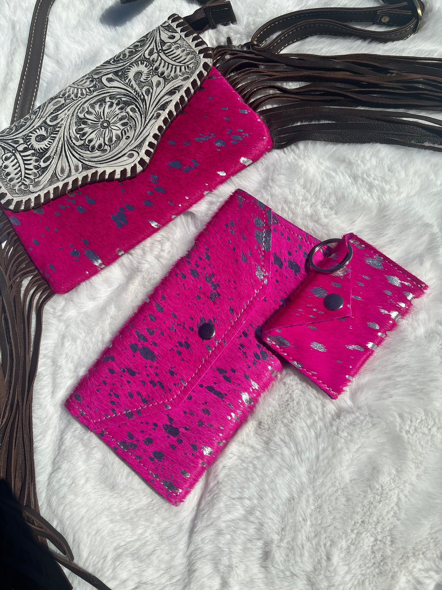 Hot Pink Real CowHide & Leather Floral Purse