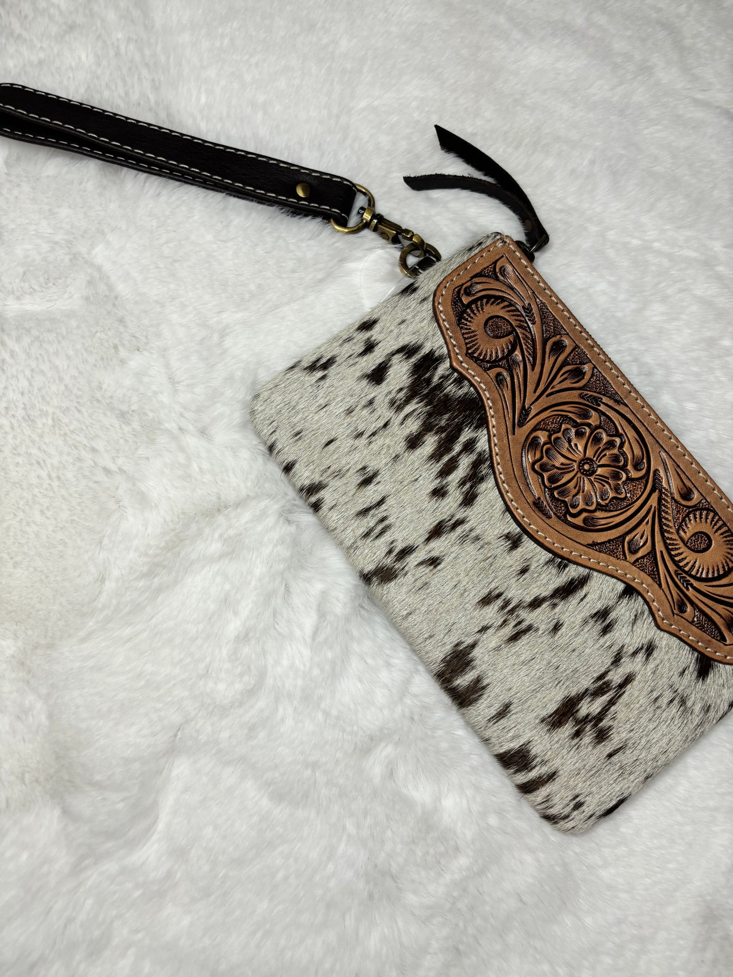 Chocolate cow hide wristlet