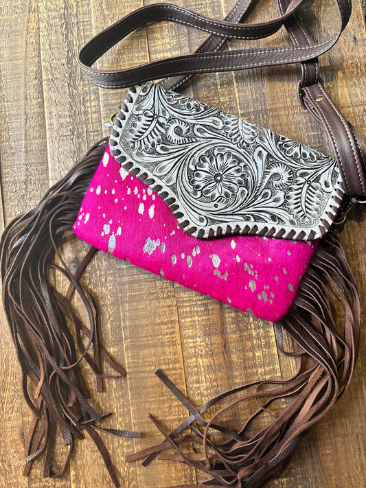 Hot Pink Real CowHide & Leather Floral Purse