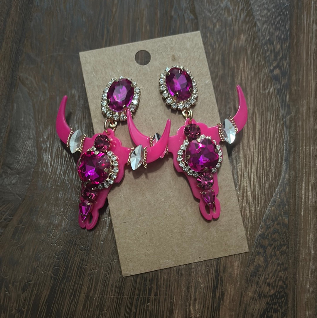 Hot pink Long Horn Bling Earrings