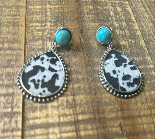 Cow Print Droplet Aqua Stud Earrings