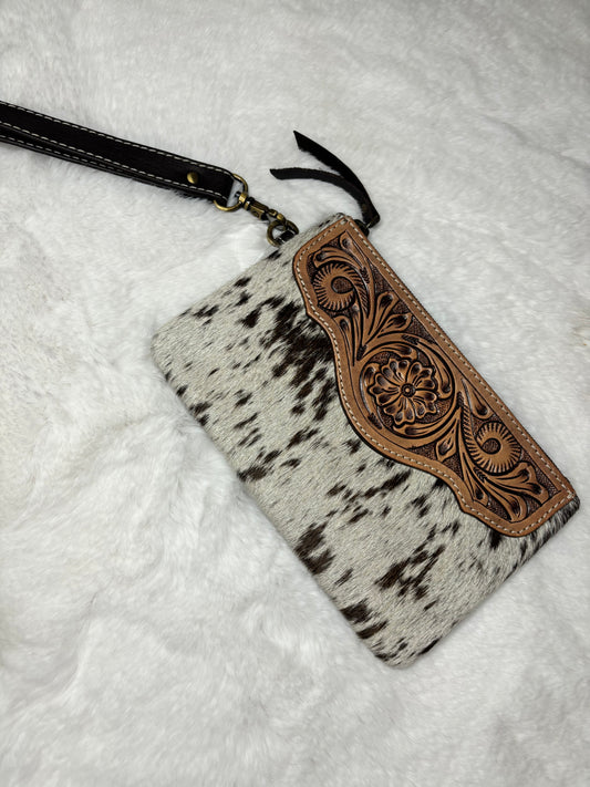 Chocolate cow hide wristlet