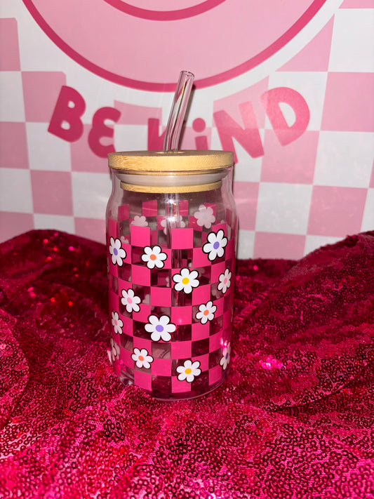 hot pink checkered floral glass cups