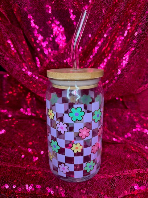 Floral checkered glass cup